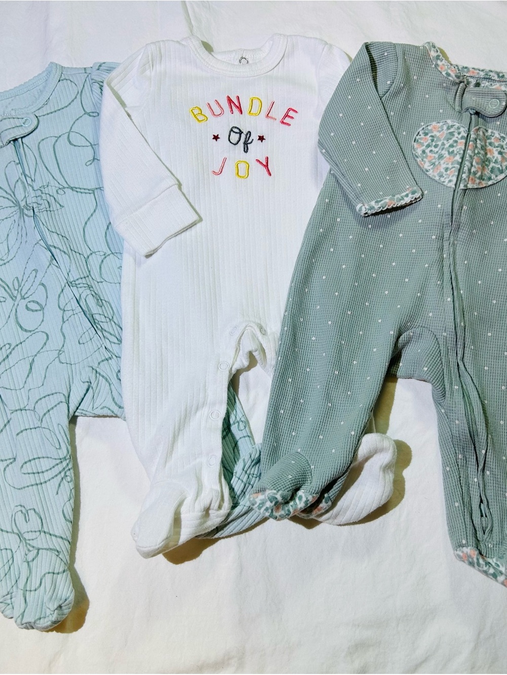 Bundle of 3 Kids One-Piece Sleepers - White & Sage